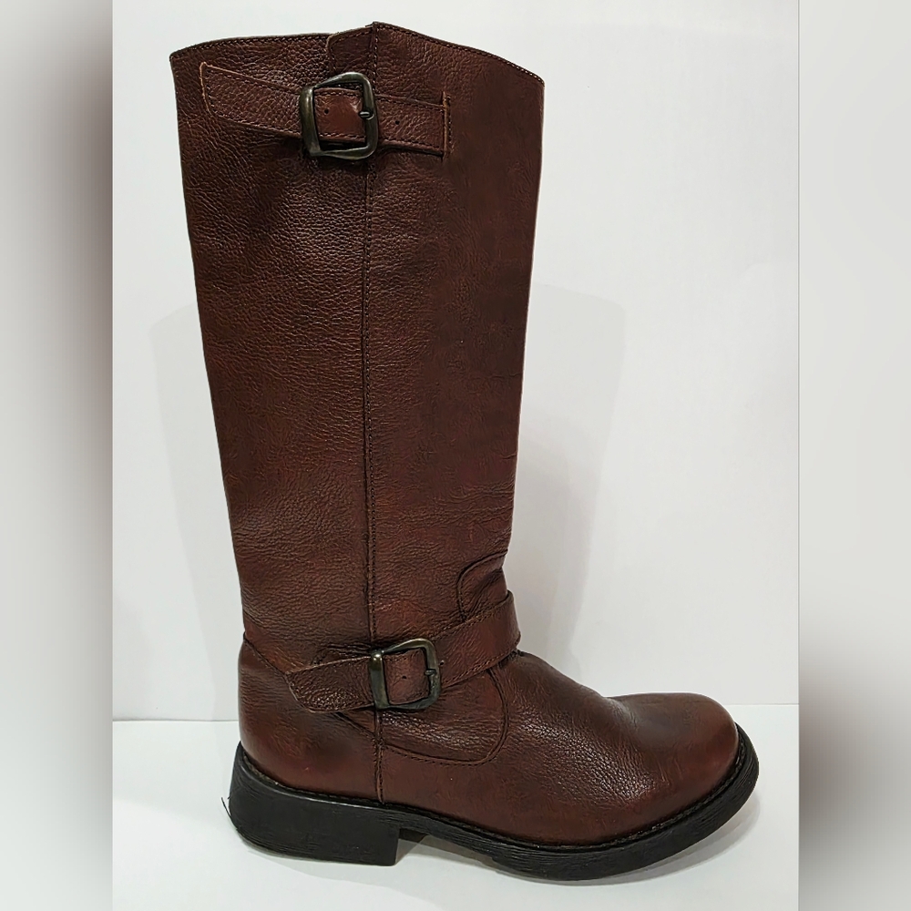 Steve Madden P-FRANNK Brown Leather Boot Tall Pull-On Riding Buckle 10 M New